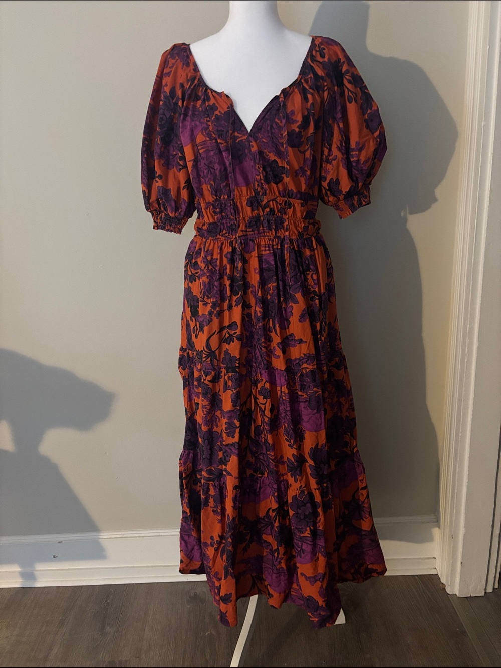 Anthropologie Rust & Purple Floral Puff-Sleeve Maxi Dress